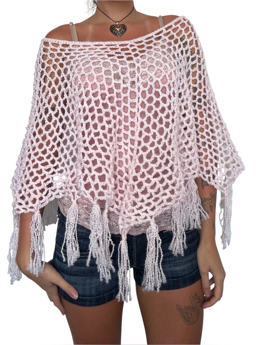 Y2K Style Light Pink Open-Knit Fringe Poncho Sweater - Women